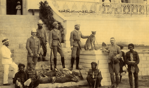 Grand Duke Alexander of Russia and companions after a cheetah hunt in March 1891